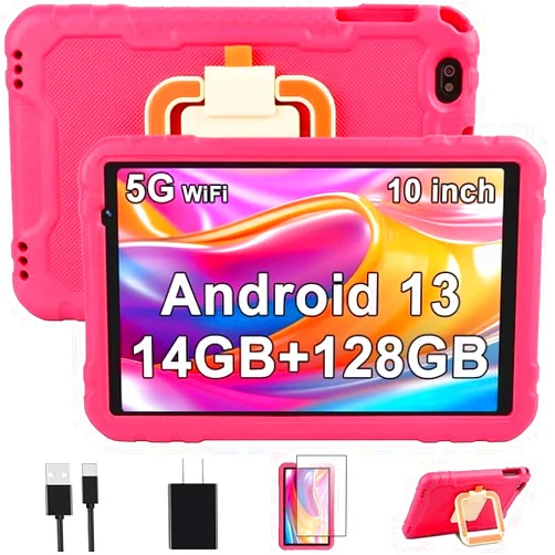 AOCWEI 2024 Tablet 10 inch Android 13 Tablets with 14GB RAM 128GB ROM, Octa-Core, 8000mAh, Drop-Proof Case, HD IPS Display, 5G+2.4G WiFi, Bluetooth 5.0, GPS, TF 1TB, Split Screen Support,Metal Body -Rose Red