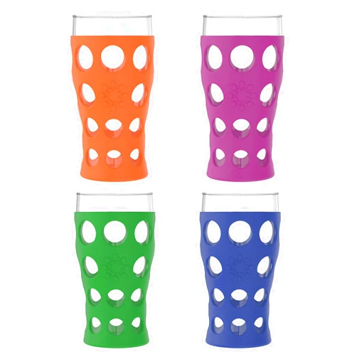 Lifefactory 20-Ounce Indoor/Outdoor Protective Silicone Sleeve Beverage Glass, 4 Count (Pack of 1), Orange, Grass Green, Cobalt, Huckleberry