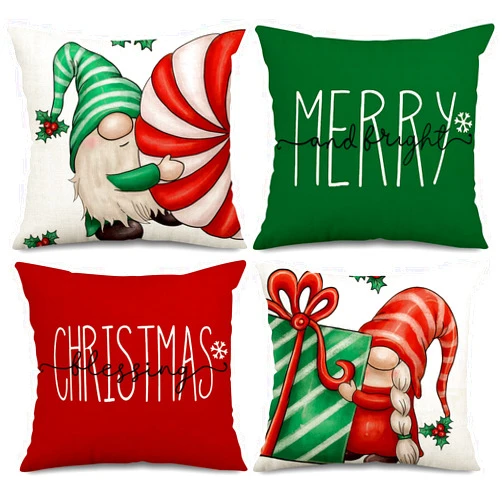 AnyDesign Christmas Pillow Covers Christmas Gnome Throw Pillow Case 18 x 18 Inch Decorative Red Green Merry Christmas Cushion Cover for Home Couch Sofa Farmhouse Decor, Set of 4