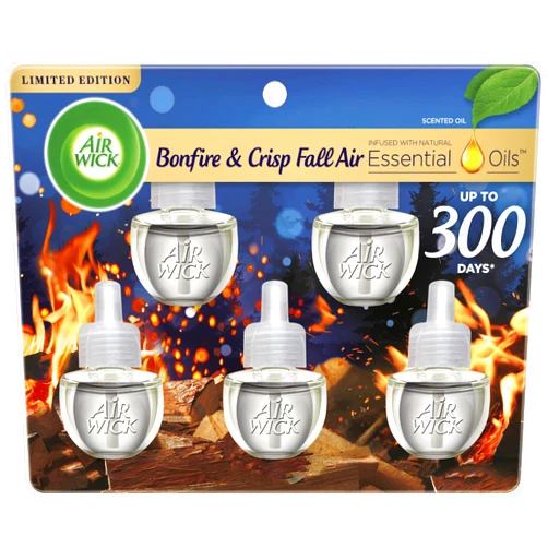 Air Wick Plug in Scented Oil Refill, 5ct, Bonfire and Crisp Fall Air, Essential Oils, Air Freshener Fall Scent, Fall décor