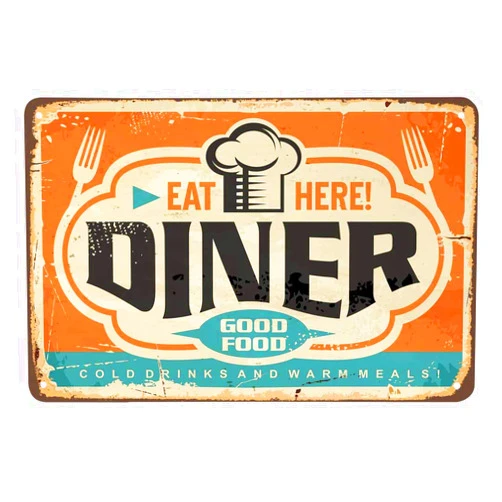 AOYEGO Diner Tin Sign,Rust Chef Hat Food Fork Striped Classic Cloud Curve Oval Stain Spotted Vintage Metal Tin Signs for Cafes Bars Pubs Shop Wall Decorative Funny Retro Signs for Men Women 8x12 Inch