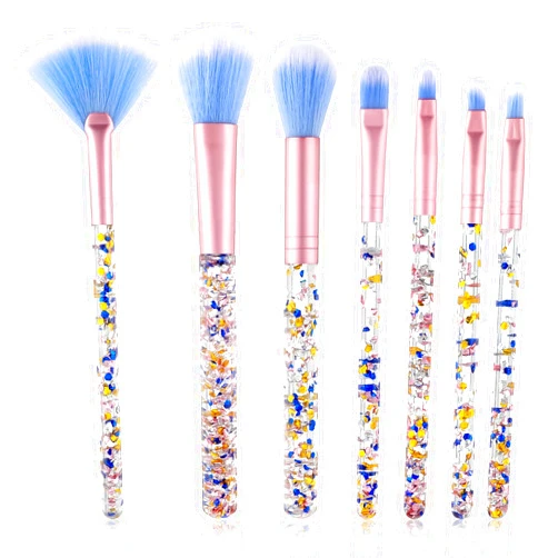 WLLHYF 7 PCS Glitter Crystal Makeup Brush Set, Sparkles Fan Makeup Brushes Blush Powder Lip Shadow Eyebrow Eye Blender Brush Sequins Handle Professional Make up Brush for Women(Blue)