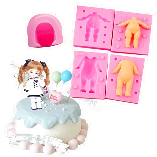 Generic 3D Doll Body Leg Arm Face Head Silicone Mold Q Version Dolls Model Fondant Craft Clay Resin Mould DIY Cake Decorating Supplies Baking Tool (3 Pcs Baby Mold)