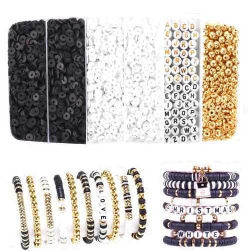 HomTop White Black Clay Beads Bracelet Making Kit, 6 Colors Polymer Clay Beads for Bracelets Making, Jewelry Making, Friendship Bracelet Kit, with Gold Beads Letter Beads