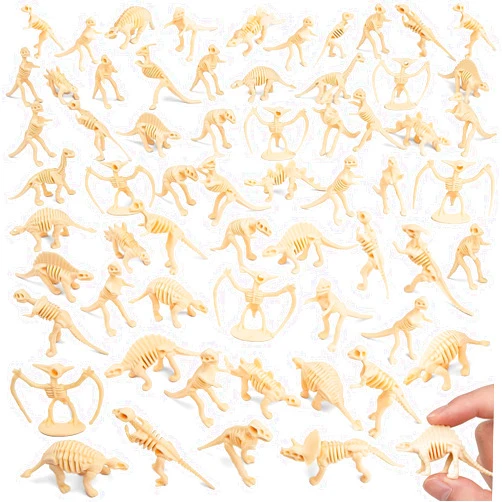 HFKPJRT 65 Pcs Mini Dinosaur Figures, Plastic Dinosaur Bones for Kids to Dig Up, Dinosaur Fossil Toys for Science Play, Dinosaur Fossil Skeletons for Dino Sand Dig, Party Favor, Cake Topper Decoration