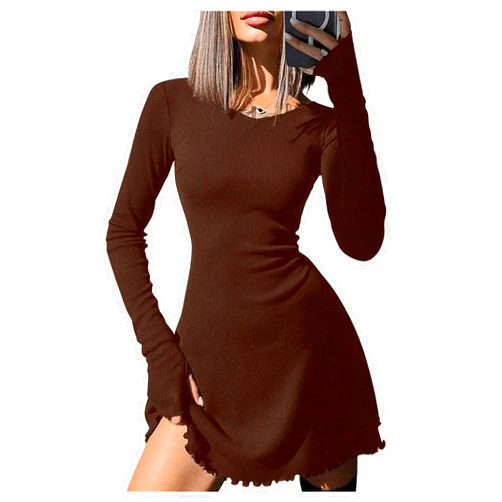 RoseSeek Women's Tie Back Knit Bodycon Mini Dress Long Sleeve Crew Neck Lettuce Trim Fall T Shirt Dresses