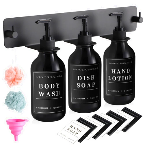 XLHOMO Shampoo and Conditioner Dispenser with Holder, Black Wall Mounted Drill Free Body Wash Shower Soap Dispenser 3 Chamber, 17oz Plastic Shower Bottles Refillable with Labels Bath Sponge, for Bath