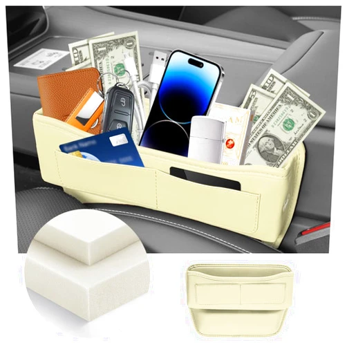 Carleef Car Seat Gap Filler Organizer with Card Holder,Leather Gap Storage Box for Car Seat Organizer,L-Capacity Car Seat Storage Box Car Accessories for Glasses,Phone,Keys (Beige)
