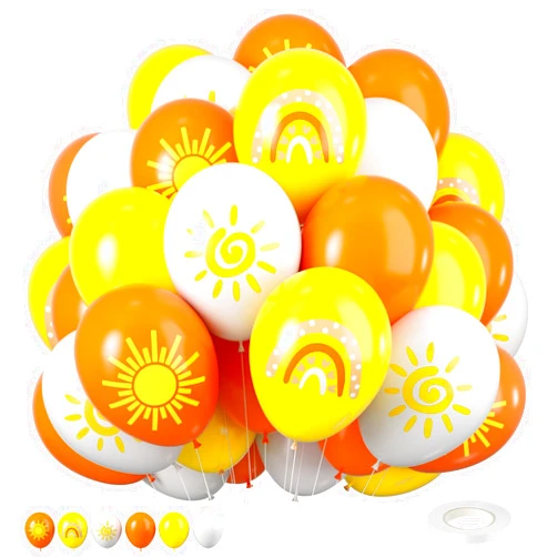 FEYG Sun Balloons, 12 inch Yellow Orange White Latex Balloons Boho Rainbow Sunrise Printed Latex Balloons Half Sun Sunshine Balloons for Sun Party Birthday Baby Shower Decoration Supplies