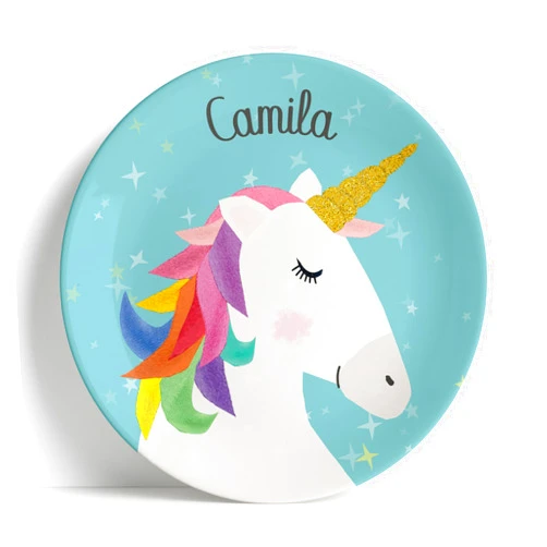 Tiny Expressions - Personalized Unicorn Plate for Girls with Customized Name and Colorful Design | BPA Free | Dishwasher Safe (Plate Only)