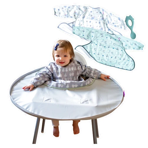 Tidy Tot- Bib & Tray Kit Baby Feeding Set - 3 Mess Proof Long Sleeve Smocks Attaches to Feeding Mat - Waterproof Bibs
