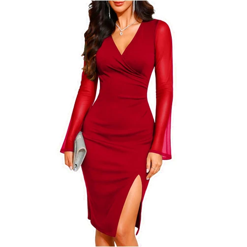 WAYMAKER Women’s V Neck Sheer Mesh Long Sleeve Ruched Bodycon Sexy Split Midi Cocktail Party Dress