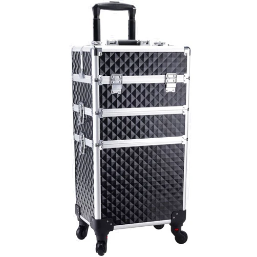 Adazzo 3 in 1 Professional Rolling Makeup Train Case Aluminum Trolley Case with 360° Rotation Wheels for Makuep Artist Cosmetic Suitcase Organizer with Lock and Key Diamond Pattern - Black