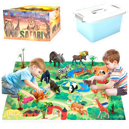 BOLZRA Safari Animals Figurines Toys with Activity Play Mat & Trees, Realistic Plastic Jungle Wild Zoo Animals Figures Playset with Elephant, Giraffe, Lion, Gorilla for Kids, Boys & Girls, 22 Piece