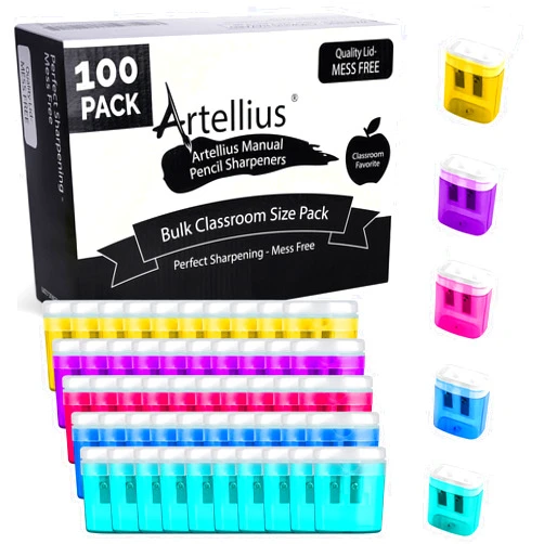 Artellius 100 Pack Pencil Sharpeners Bulk - Double Hole Pencil Sharpener for School and Classroom Supplies, Colored Pencils Sharpeners for Kids, Handheld Pencils and Crayon Sharpener
