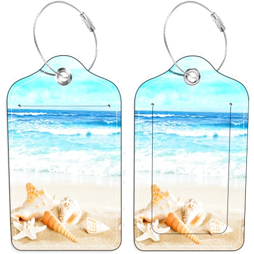 BILLTEFUL Luggage Tags, (Set of 2) PU Leather Suitcase Tags, Identifiers Privacy Cover ID Label with Stainless Steel Loop and Address Card for Travel Bag Suitcase (L- Beach)