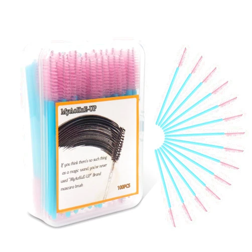 Myaokue-up 100 Pcs Disposable Eyelash Brush, Mascara Wands Makeup Brushes Crystal Eyebrow Spoolies rush for Eyelash Extensions with Container (Nylon-Blue/Pink)