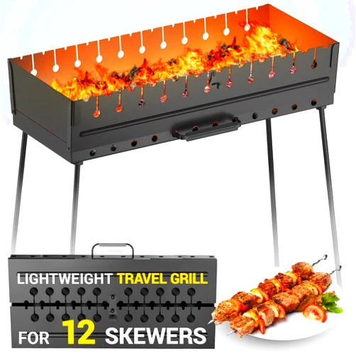 MHH Charcoal Grill for 12 Skewers - Portable Barbecue Camp Grills - Mangal schaschlik - Foldable Metal Mangal - Kebab Shish - BBQ for EDC Picnic Outdoor Cooking Camping Hiking N12