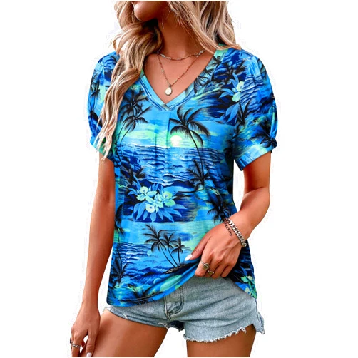 SLEITY Womens Puff Short Sleeve Hawaiian Shirts Floral Tropic Printed Pleated V Neck Summer Casual T-Shirt Trendy Boho Blouses Tops