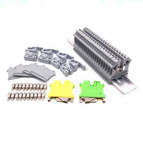 Erayco DIN Rail Terminal Blocks Kit, 20Pcs UK5N 10 AWG Terminal Blocks, 2Pcs Ground Blocks, 2Pcs Terminal Fixed Bridge Jumpers, 4Pcs E/UK End Brackets, 2Pcs D-UK3/10 End Covers, 1Pcs 8
