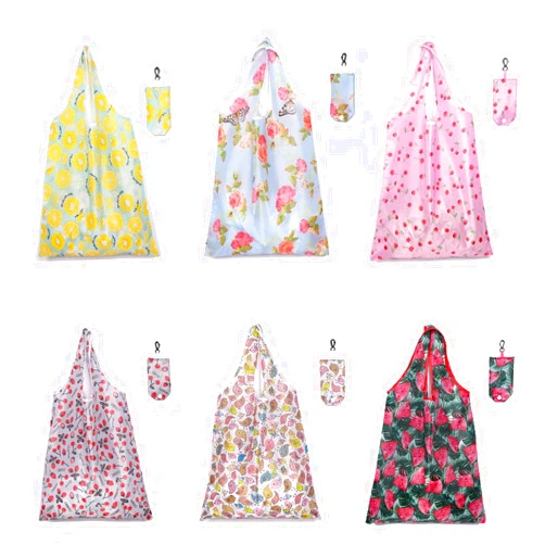 Elephant-package Pack of 6 Reusable Shopping Bags Foldable with Hook- Washable- Large Grocery Bag with Pouch Tote Bags (Fruit Birds)