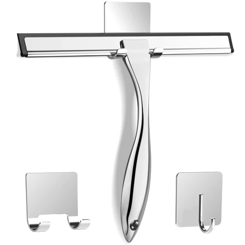 Docrok All-Purpose Stainless Steel Shower Squeegee for Shower Glass Door with 2 Adhesive Hooks, Bathroom Cleaner Tool Household Window Mirror Squeegee for Glass Doors, Cleaning Tile Wall, Car, 14 Inch Silver