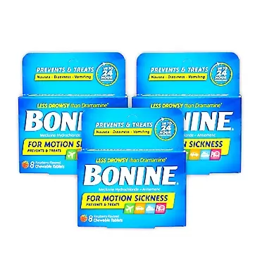 Bonine Motion Sickness Relief Tablets - with 25mg of Meclizine, Non-Drowsy Formula, Raspberry Flavor, 3 Piece Assortment of 8ct Chewable Tablets