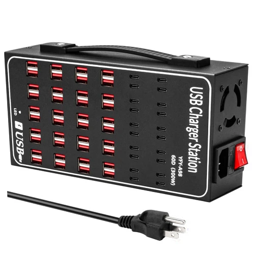 RUANSZZ Multiple USB Charging Station, RUANSZZ 60 Port 300 Watt (60A) USB~C Charger Block with Power Switch, Multiple USB Desktop Charger Station, Suitable for Shops, Hotels, Schools, Shopping malls