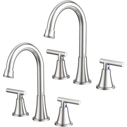 Hurran Bathroom Faucets for Sink 3 Hole, Hurran Brushed Nickel Bathroom Sink Faucet with Pop-up Drain and Supply Lines, Stainless Steel Lead-Free Widespread Faucet for Bathroom Sink Vanity RV, 2 Pack