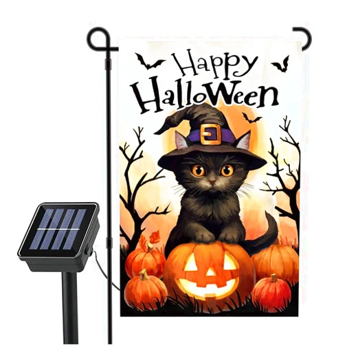 Gustamucho Solar LED Lights Happy Halloween Pumpkin Black Cat Garden Flag Double Side 12