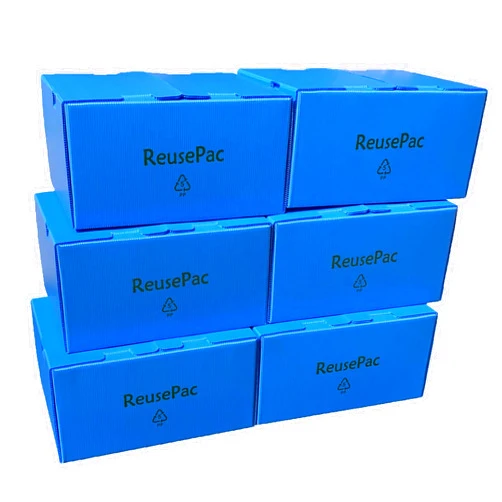 REUSEPAC Reusable Foldable Corrugated PP Box Lightweight, Storage Moving, Heavy Duty Stackable, Tape Free Self-Locking Lid, for Business Home In/Outdoors (6 Pack Blue, 16x12x8in)