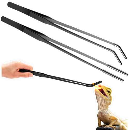 Lasnten 2 Pcs Extra Long Stainless Steel Reptile Feeding Tongs with Rubber Tip Bearded Dragon Aquarium Straight and Curved Long Tweezer Terrarium Feeder Tool for Tank(Black, 15 Inch)