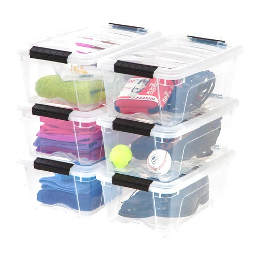 IRIS USA 13 Qt Stackable Plastic Storage Bins with Lids, 6 Pack - BPA-Free, Made in USA - See-Through Organizing Solution, Latches, Durable Nestable Containers, Secure Pull Handle - Clear