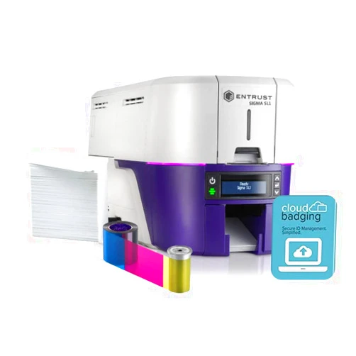 ID Zone Entrust Datacard Sigma SL1 ID CardPrinter - Single-Sided- 525300-005 w/Entrust Datacard YMCKT 250ct Ribbon-525100-001-S96, Premium White Blank Plastic CR80 30 Mil PVC Cards 500 Pack,&CloudBadging Lite