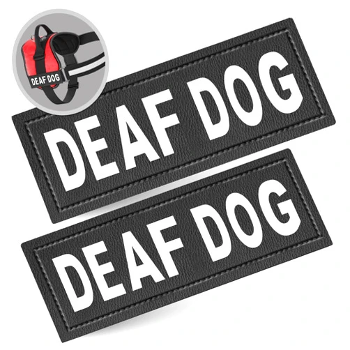 Industrial Puppy Deaf Dog Patch- Attachable Patches with Hook Backing for Deaf Dog Harness or Vest, 2 Reflective Deaf Dog Patches, Dog Supplies, Weatherproof Polyester Durability, Large, Black