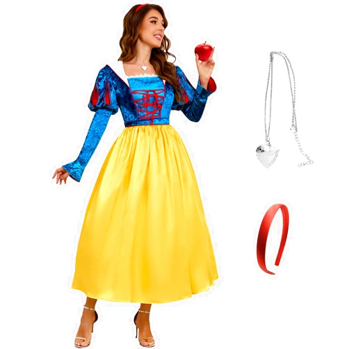 PAINEOMN Snow Princess White Costume Women Puff Sleeves Fairytale Dress with Cape Halloween Role Cosplay Outfits for Adult
