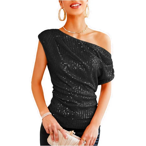 GRACE KARIN One Shoulder Sequin Sparkly Tops for Women Ruched Asymmetrical Glitter Tops Slimming Sparkle Party Shirts