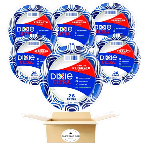 SUPREME BOX Dixie - Ultra Strength Paper Disposable Bowls, Dinner Or Lunch Size Printed, 20 Oz - 26 Count - Pack of 6 (156 count in total), White