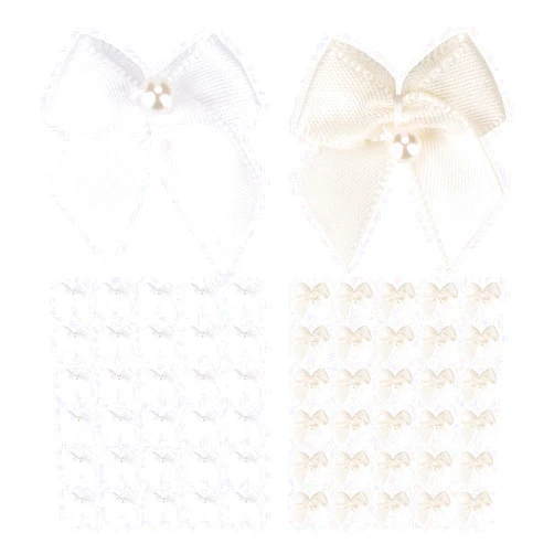 Meseey 60pcs Mini White/Ivory Ribbon Bows with Pearl Ribbon Flowers Appliques DIY Craft for Sewing, Scrapbooking, Wedding, Gift,Christmas Decoration (1 Inch, White & Ivory)