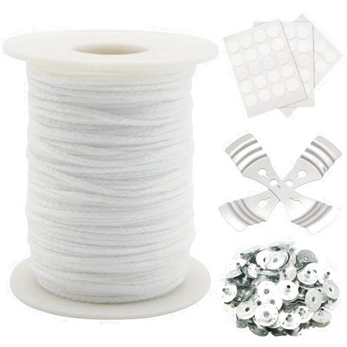 RAPUDA Candle Wick Roll, RAPUDA 200 Ft 24 PLY Braided Wick Spool, 2 Pcs Metal Candle Wick Holders,100 Pcs Metal Sustainer Tabs, 60 pcs Candle Thread Stickers for Candle DIY Craft Making