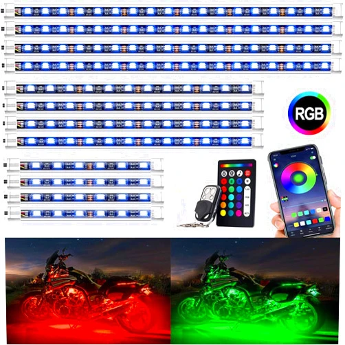 Xibeys 12Pcs Motorcycle LED Light Kit with APP IR RF Wireless Remote Controllers Multicolor Waterproof Motorcycle Underglow Kit Music Sync RGB Strips Light for Harley Honda Kawasaki Yamaha Suzuki