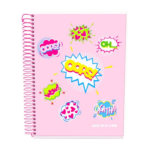 Miquelrius - A5 notebook, 120 sheets of 70 g/m², horizontal ruled 7 mm, 4 coloured stripes, 2 drills, hard cover, Wow! collection, Agatha Ruiz de la Prada