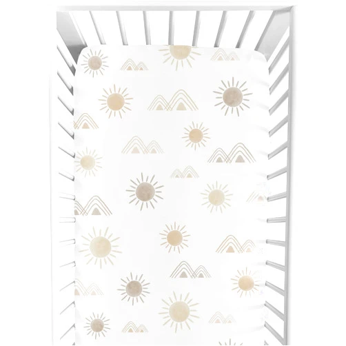 Sweet Jojo Designs Boho Desert Sun Taupe Fitted Crib Sheet Boy Girl Baby Toddler Nursery Neutral Tan Beige Ivory Gold Cream Off White Bohemian Mountain Nature Outdoors Geometric Minimalist Sunshine