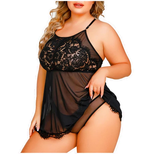 Generic Womens Plus Size Lingerie Dress for Sex Naughty Sexy Lace Halter Neck Chemise Sleepwear Mesh See Through Boudoir Outfits