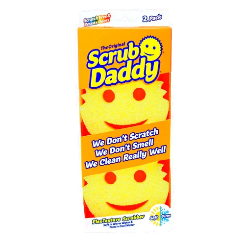 Scrub Daddy Original Dish Sponge Twin Pack, Smiley Face Sponges for Cleaning & Washing Up - Multipack Kitchen Non Scratch Scourers with FlexTexture Firm & Soft Scrubbing, Dishwashing Scrubber - Yellow