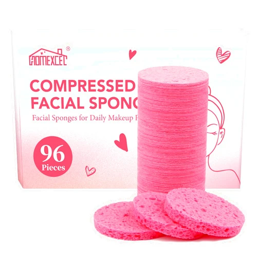 HOMEXCEL 96-Counts Compressed Facial Sponges, 100％ Natural Cellulose Spa Sponges for Daily Facial Cleansing and Exfoliating, Reusable Makeup Remover Pads, Ideal for Home Travel, Pink