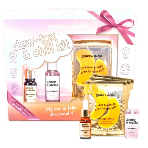grace & stella Dew-Tox & Chill Skin Care Set - Hydrating Skincare Set With Eye Masks, Hyaluronic Acid Serum, & Rose Water Face Mist - Vegan Cruelty Free Bridesmaid Gifts, Birthday Gifts for Women