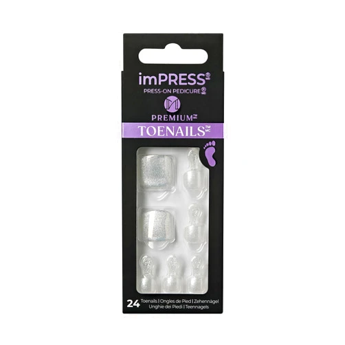 KISS imPRESS Premium No Glue Pedi Press-On Toenails, Sparkling White Silver, Silver Glitter, Squoval Shape, Includes 24 Nails, Prep Pad, 1 Manicure Stick, 1 Mini File