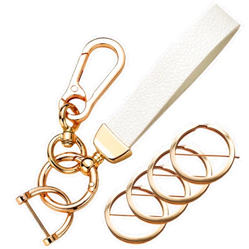 QeenRTUU Pu Leather Car Keychain Universal Key Fob Keychain Wristlet Anti-Lost D-Ring and Carabiner Clip with 4 Keyrings