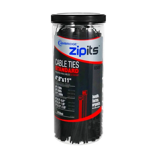 CAMBRIDGE ZipIts 650 Peices Cable Tie Assortment, 4-in, 8-in, 11-in Self Locking Zip Ties, Black UV Resistant, Nylon 6/6, UL Listed, Industrial Strength Premium Quality Wire Ties